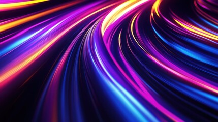 Abstract background with colorful neon light trails moving quickly in curved lines, creating a speed effect. The glowing colors are purple, blue, and yellow.