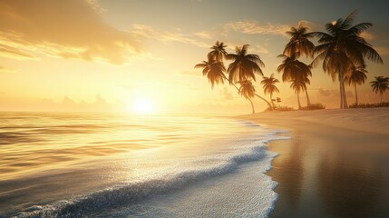 Fototapeta premium A serene beach at sunset with palm trees and gentle waves.