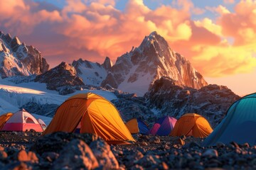 A group of tents pitched on a rocky field, great for camping or outdoor adventure scenes