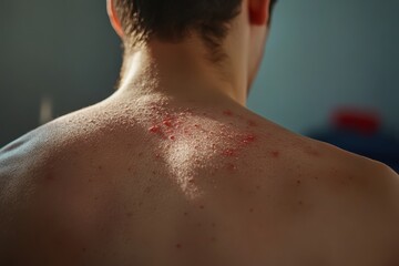 Naklejka premium Close-up of a person's back showing skin conditions with redness and bumps.
