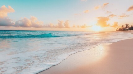 Obraz premium A serene beach scene at sunset with gentle waves lapping at the shore.