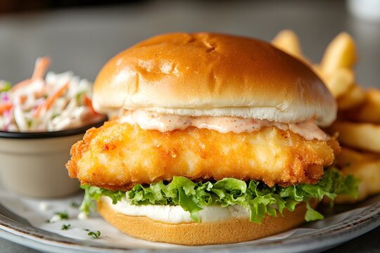 Fish Fillet Sandwich with Tartar Sauce, Lettuce, and Tomato on a Soft Bun, Served with Coleslaw