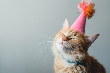 Cute ginger cat with birthday hat on gray background. Copy space.