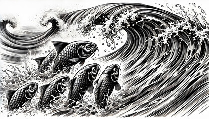 Fish leaping through powerful ocean waves
