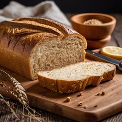 Tasty cut bread displayed on a wooden cutting board, complemented by wheat ears, emphasizing a cozy kitchen vibe.