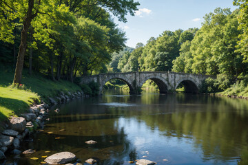 a river with a bridge and trees