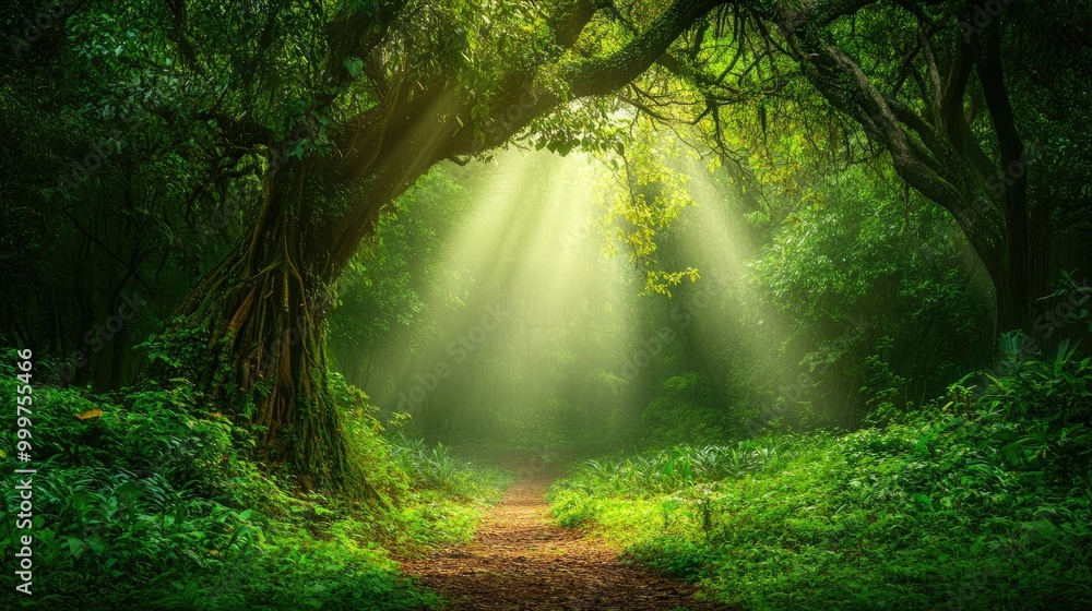 Poster a serene forest scene with sunlight filtering through trees, creating a tranquil atmosphere.