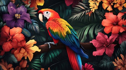 Fototapeta premium A vibrant scarlet macaw perched among colorful tropical flowers in a lush jungle setting. Generative AI