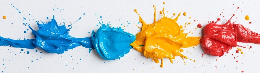Vibrant Paint Splashes on White Surface, dynamic bursts of color, abstract design elements, ideal for creative projects, art concepts, and modern decor inspiration