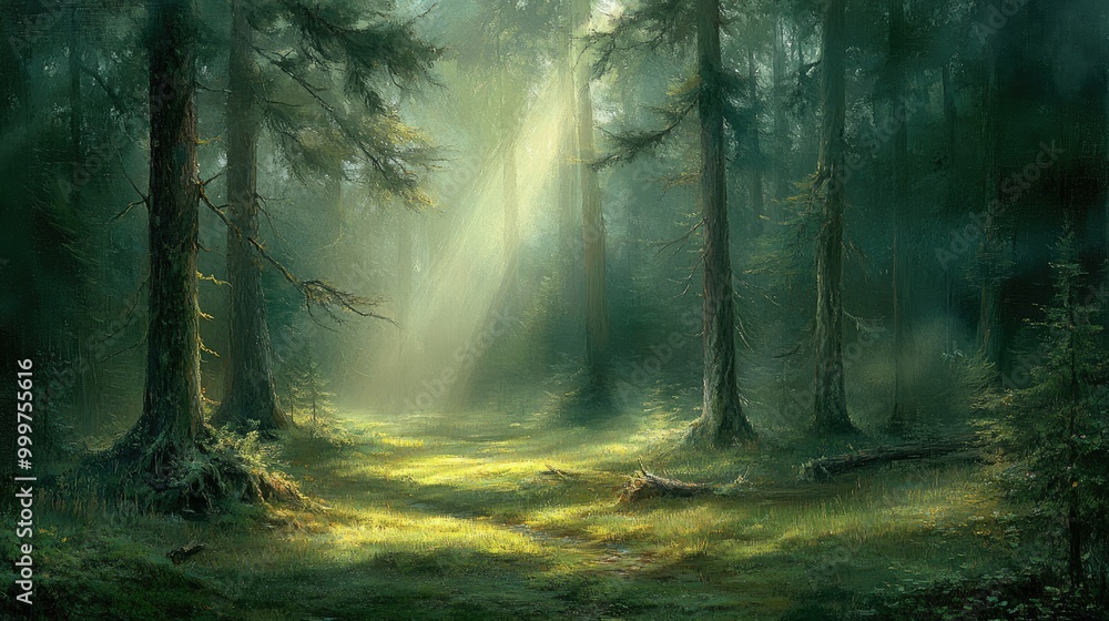 Poster a serene forest scene with sunlight filtering through tall trees, creating a tranquil atmosphere.