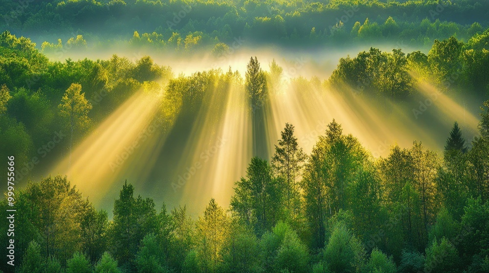 Poster a serene forest scene with sunlight streaming through trees, creating a tranquil atmosphere.