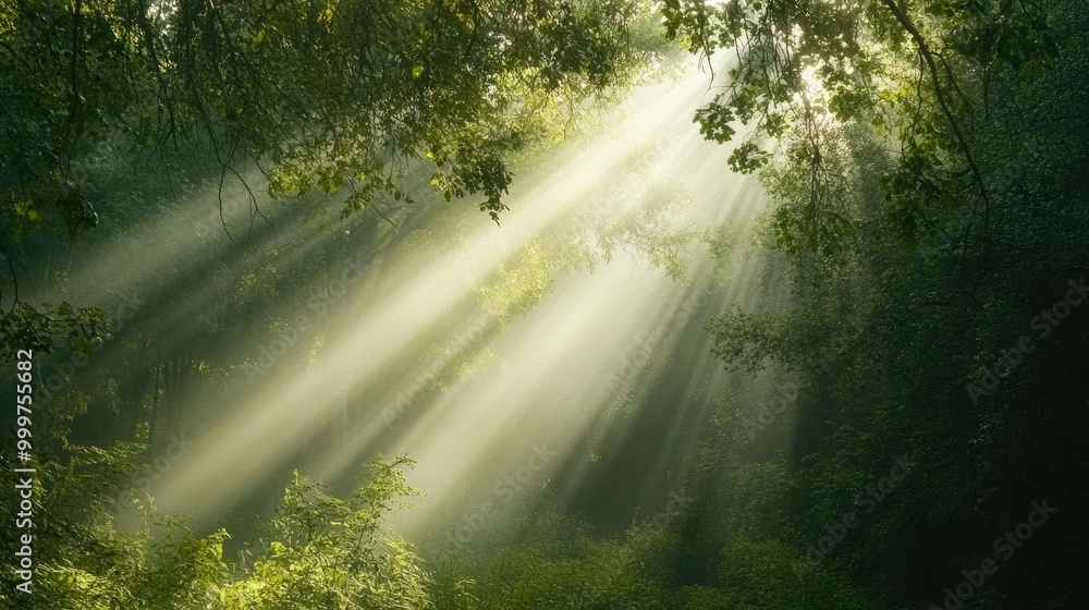 Poster sunlight streaming through trees in a serene forest setting.