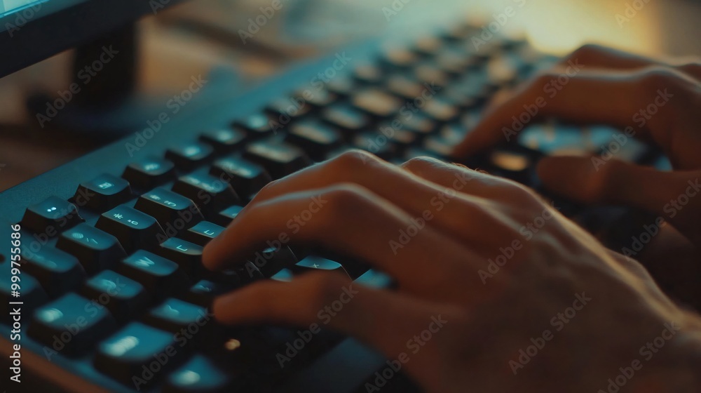 Poster close-up of hands typing on a backlit keyboard.