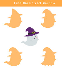 Find the correct shadow of the cute illustration of halloween ghost. Educational logic game for children. Printable worksheet.	