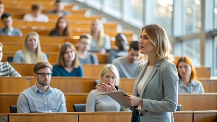 An Indian female professor giving a lecture to university students in a large lecture hall, emphasizing higher education