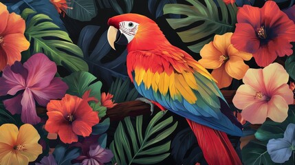 Obraz premium A vibrant parrot perched among colorful hibiscus flowers in a lush tropical setting. Generative AI