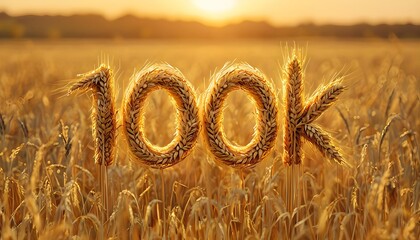 100k text made of wheat, golden hour, in wheat field, symbolizes abundance and achievement