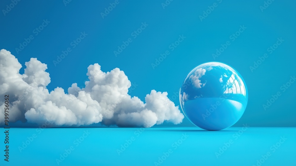Poster minimalistic cloudscape with reflective sphere in 3d