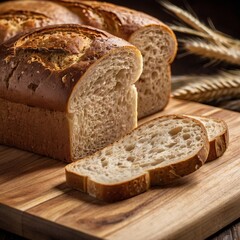 Tasty cut bread displayed on a wooden cutting board, complemented by wheat ears, emphasizing a cozy kitchen vibe.