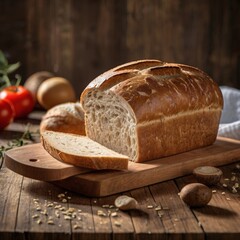 Tasty cut bread displayed on a wooden cutting board, complemented by wheat ears, emphasizing a cozy kitchen vibe.