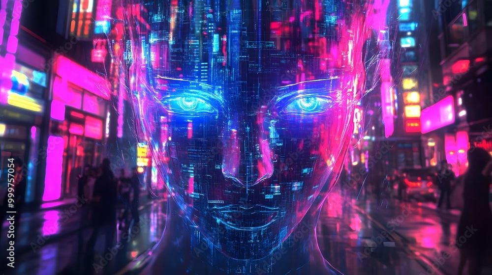 Poster computer vision: a humanoid figure with augmented eyes, scanning its surroundings with laser-like pr