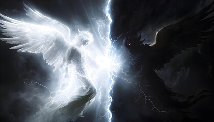 Glowing angel and dark angel battling with electricity, symbolic of good vs evil, dramatic scene
