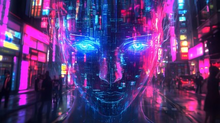 Computer Vision: A humanoid figure with augmented eyes, scanning its surroundings with laser-like precision, interpreting and analyzing everything it sees in a neon-colored urban environment