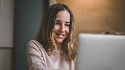 Obraz premium Happy American woman working remotely on a virtual video team meeting call, remote work and flexible culture concept. Inclusive and diverse workplace