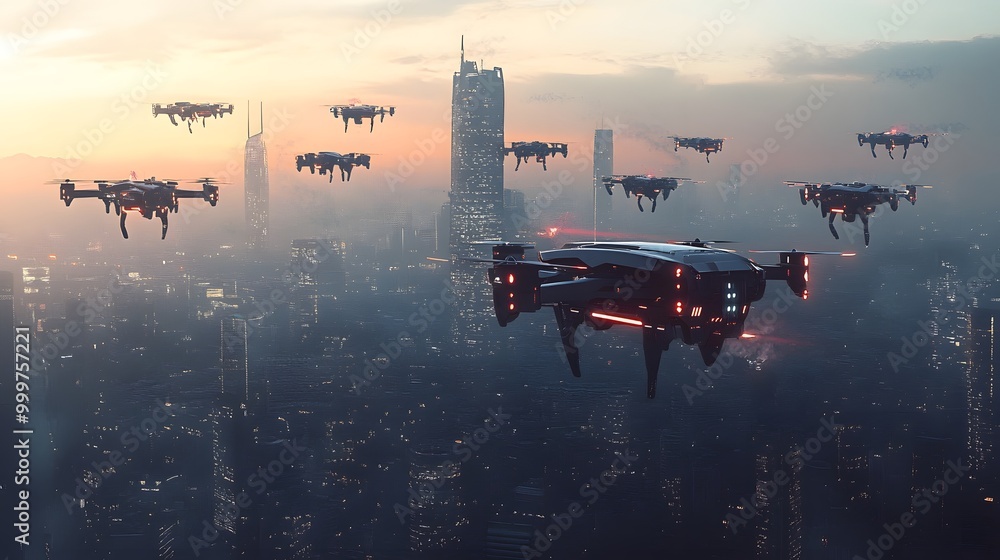 Poster autonomous systems: a swarm of sleek, self-operating drones working together in perfect harmony, con
