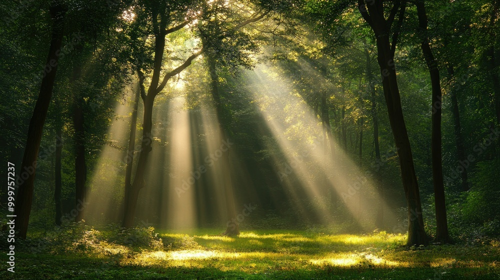 Poster a serene forest scene with sunlight streaming through trees, creating a tranquil atmosphere.