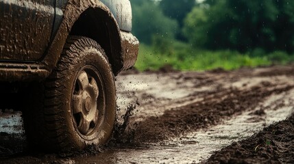 A car tire stuck in the mud on a rural dirt road, spinning slightly. Mud splatters across the tires sidewall, showcasing the difficulty of off-road conditions.