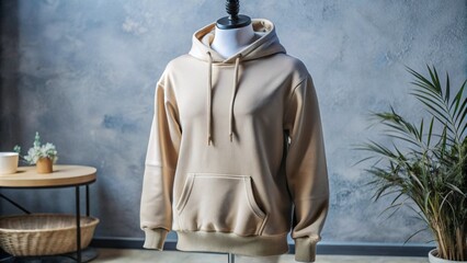 mockup blank beige hoodie with mannequin, beige background,