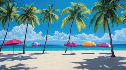Obraz premium A vibrant beach scene with palm trees and colorful umbrellas on a sunny day.