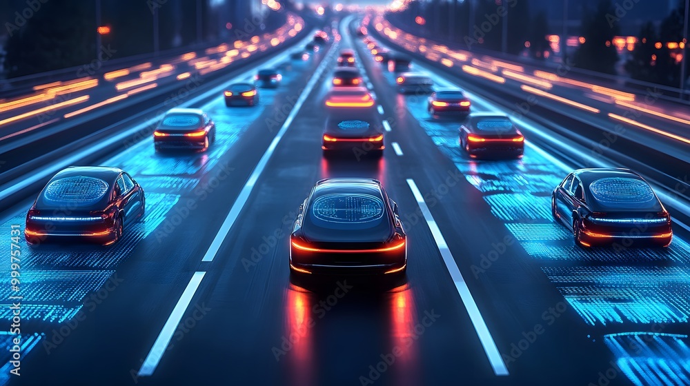 Poster ai in autonomous vehicles: a futuristic highway filled with sleek autonomous vehicles moving in perf