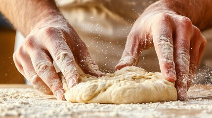 Close-up of hands kneading dough, flour flying, creating a rustic, homey feel.