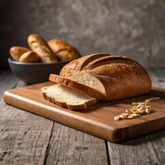 Tasty cut bread displayed on a wooden cutting board, complemented by wheat ears, emphasizing a cozy kitchen vibe.