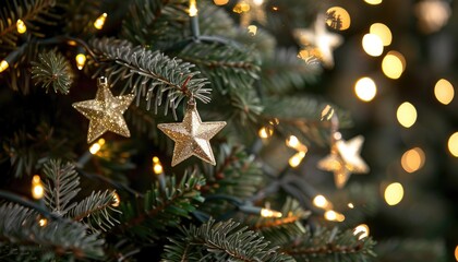 Glittering Gold Stars and Lights Adorn a Christmas Tree