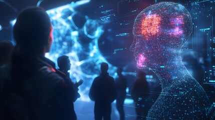 Fototapeta premium AI-Powered Chatbots: A glowing, holographic chatbot interface floating in mid-air, communicating with multiple human-like figures, answering their questions with intricate digital patterns