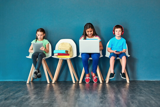 Line, technology and education with children in studio for online classes, connection and remote learning. Study portal, virtual school and knowledge with students on wall background for webinar