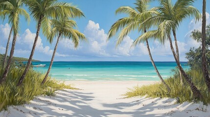 Obraz premium A serene beach scene with palm trees and turquoise waters under a bright sky.