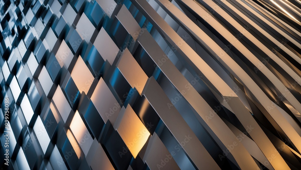 Poster abstract metallic surface with dynamic geometric patterns reflecting light, showcasing modern indust
