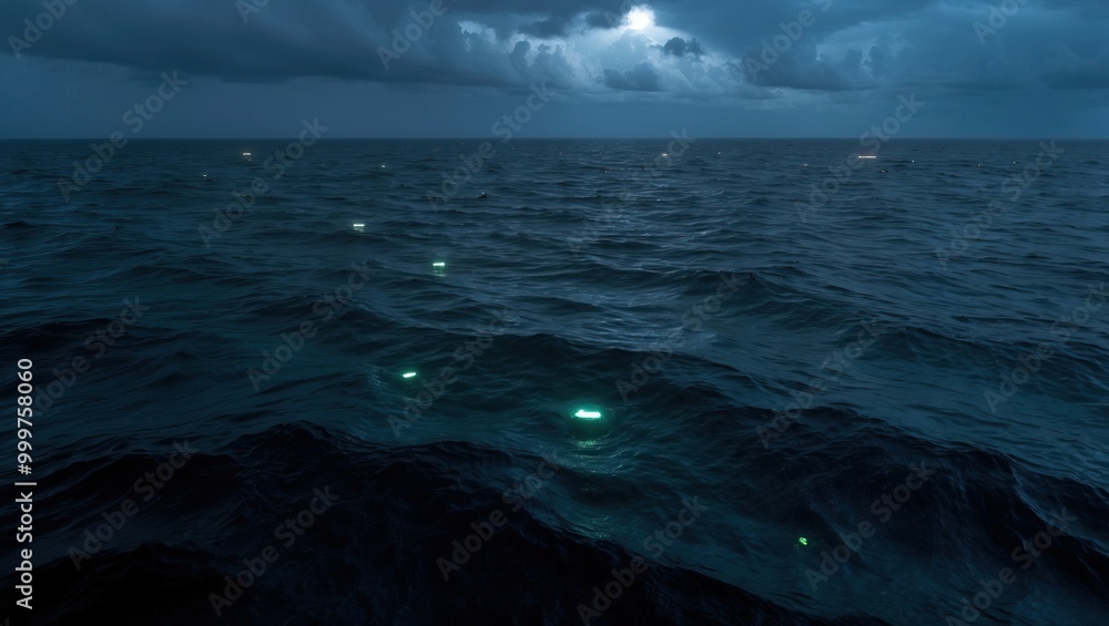 Poster dark ocean waters illuminated by distant lights under a cloudy night sky create a serene and mysteri
