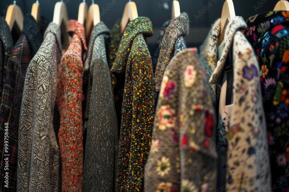 Poster shirts with various colors and patterns displayed on a rack for display or storage