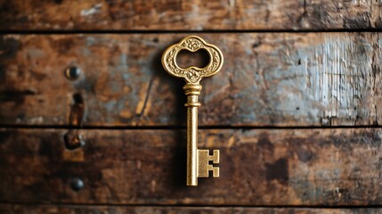 Fototapeta premium A vintage gold key set against a rustic wooden background, exuding charm and mystery.