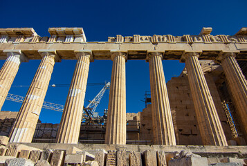 Doric columns of the Parthenon temple, an ancient greek temple on the Athenian Acropolis, Greece,...