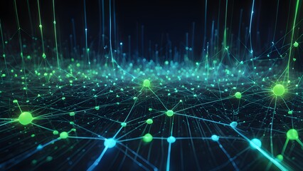 Obraz premium Abstract digital network with glowing lines and nodes in green and blue colors.