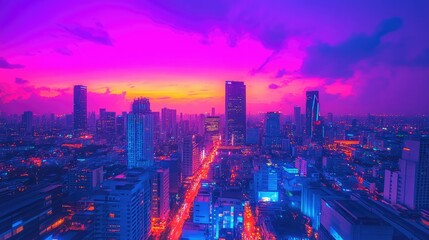 Fototapeta premium A vibrant city skyline at sunset, showcasing colorful lights and a dynamic urban landscape.