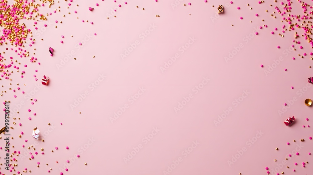 Poster a soft pink background adorned with colorful confetti and sprinkles, creating a festive and cheerful