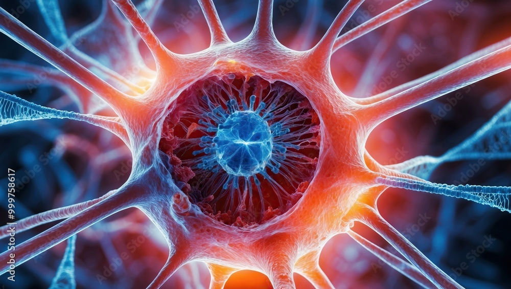 Poster detailed visualization of a neuron showcasing its structure, emphasizing connections and interaction