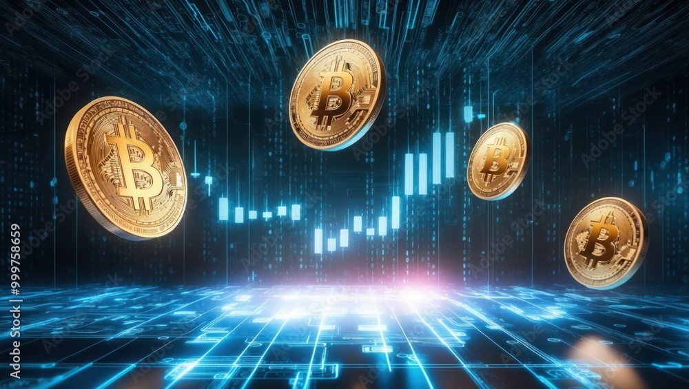 Poster dynamic representation of cryptocurrency market with floating bitcoin coins and digital trading grap